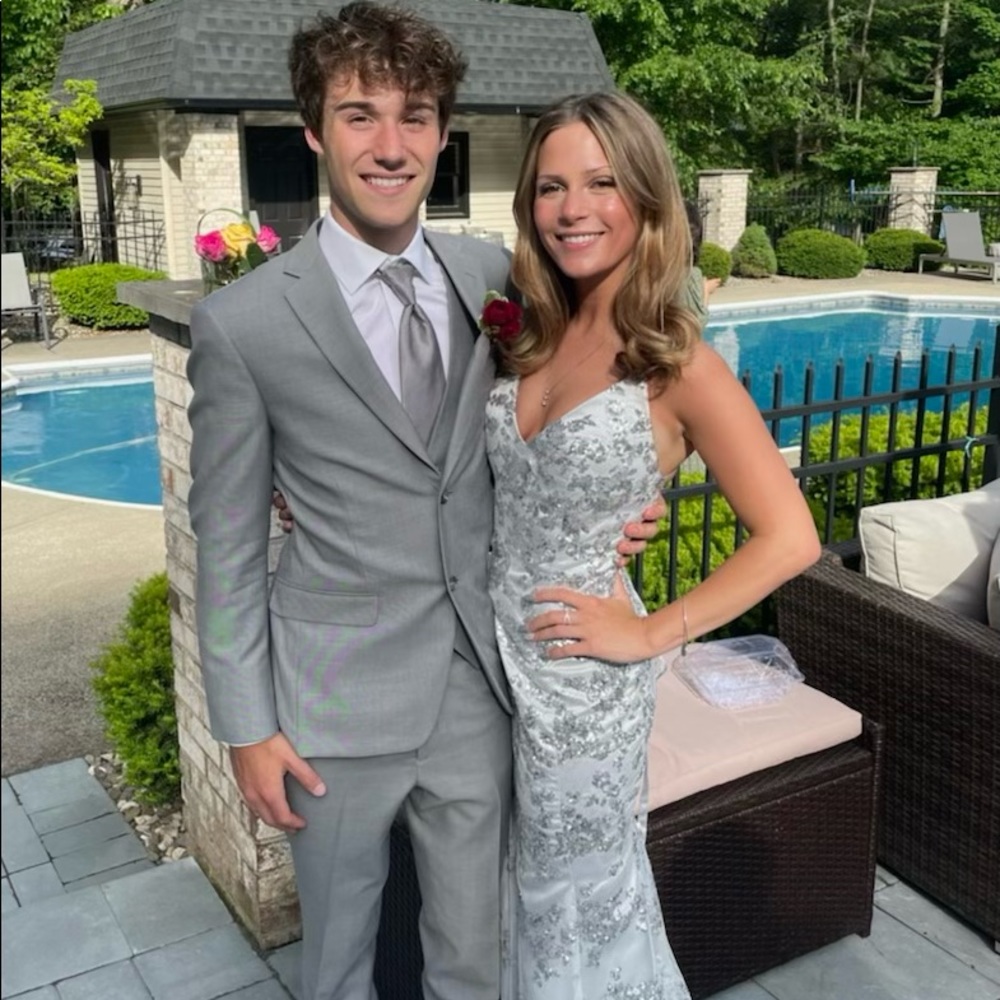 Silver/Grey Sequin Ribbon Back Prom Gown